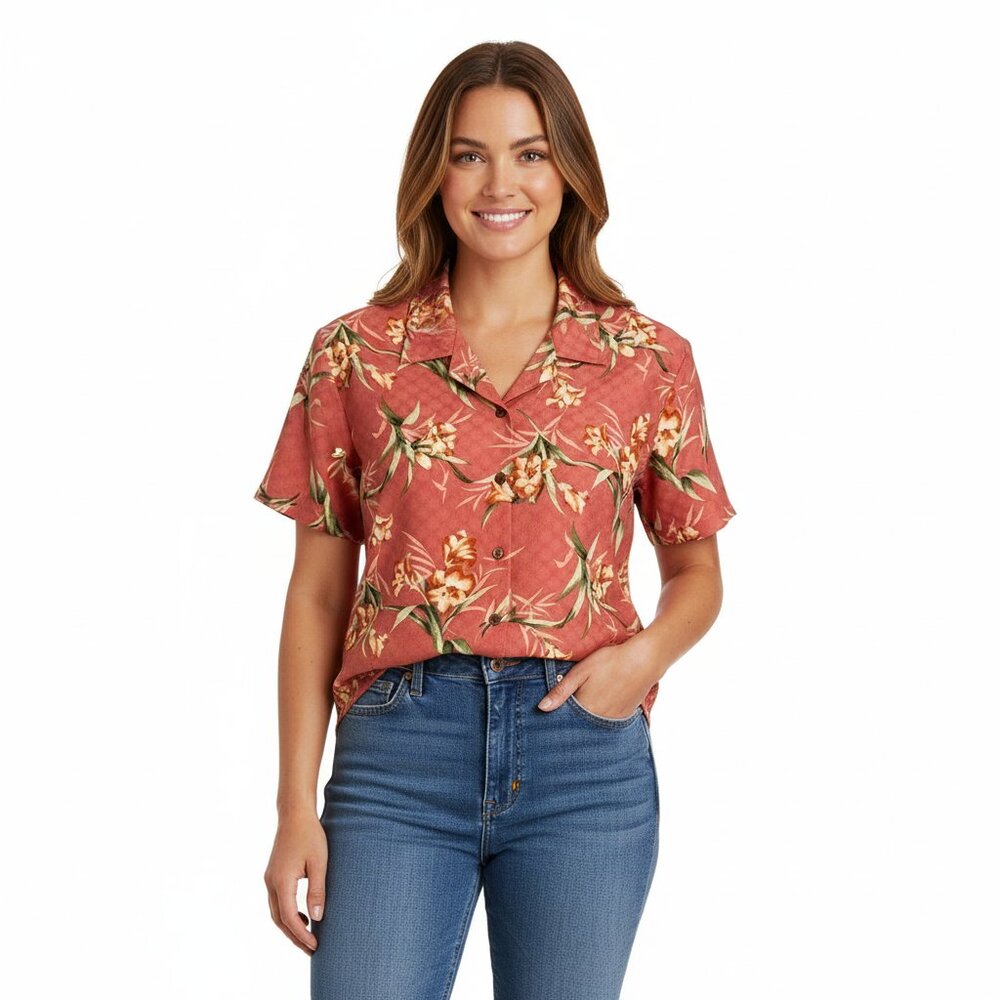 Hilo Hattie 100% Silk Button Up Shirt Size 10 Women's Pink Floral Hawaiian Beach
